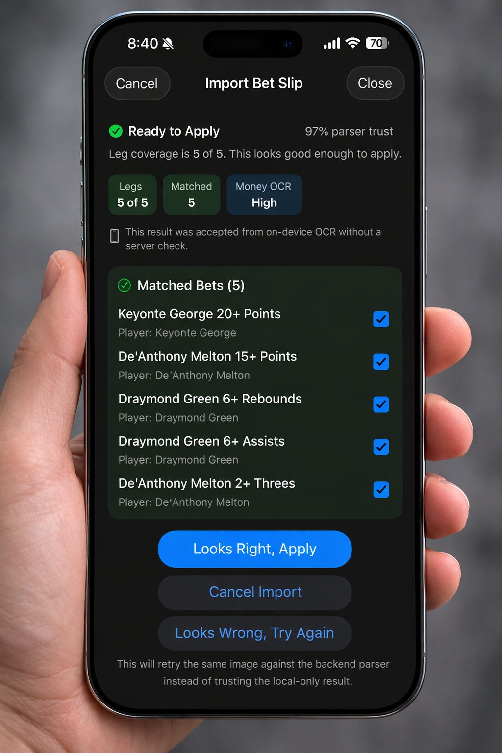 Imported bet screen in a dark-style preview