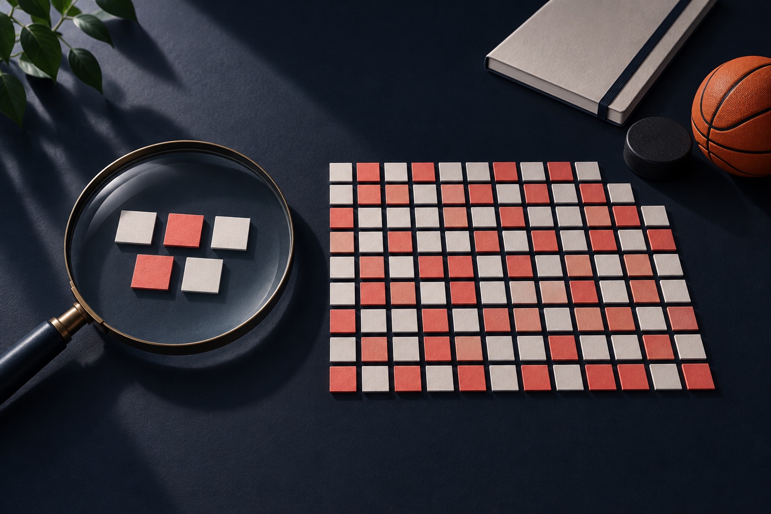 Five small paper tiles beside a larger field of coral and pale tiles, with magnifying glass, notebook and sports objects.
