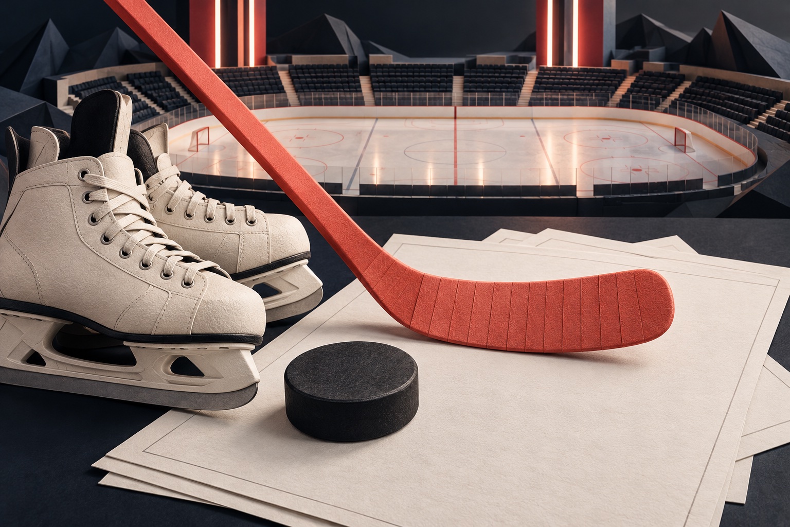 Black hockey puck, pale ice skates and coral stick over blank scouting papers beside a miniature rink and empty seats.