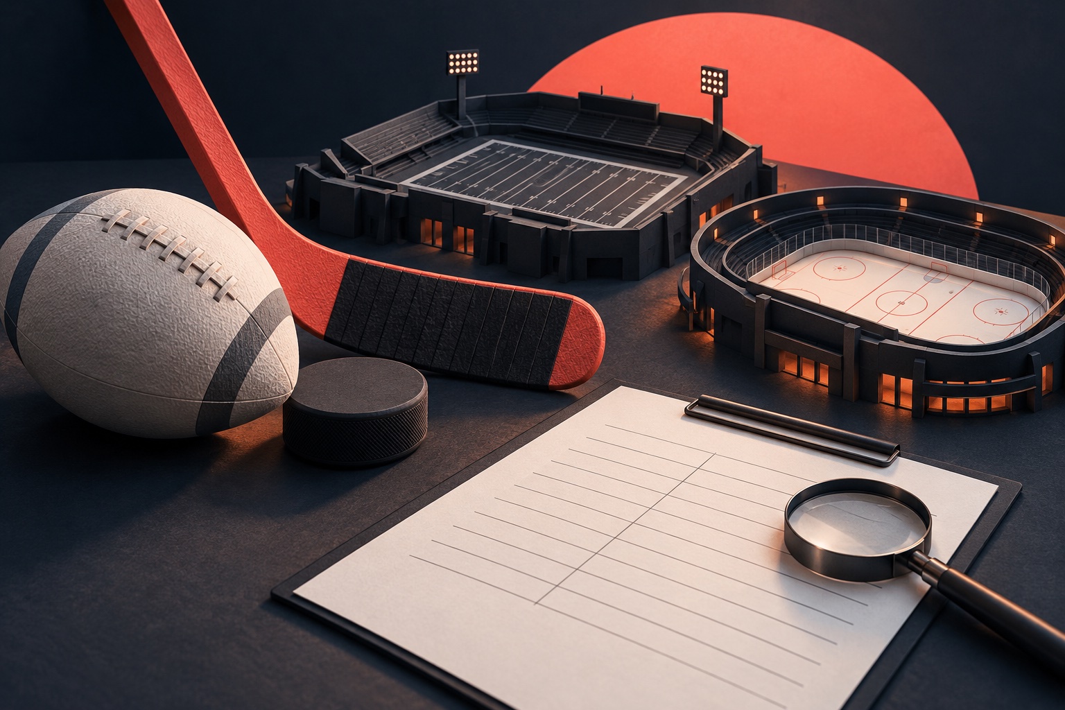 Pale football, black puck and coral hockey stick beside miniature football and hockey stadiums and a blank scouting clipboard.