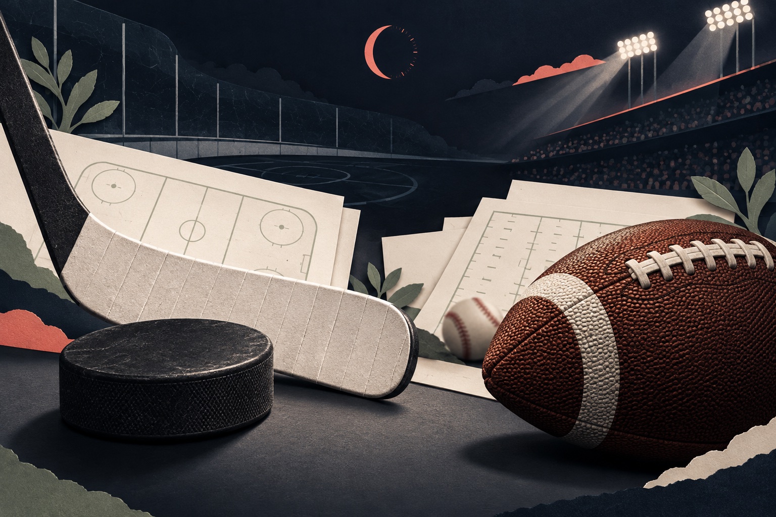 Hockey puck, stick blade, football and baseball over scouting sheets beneath abstract evening stadium lights.