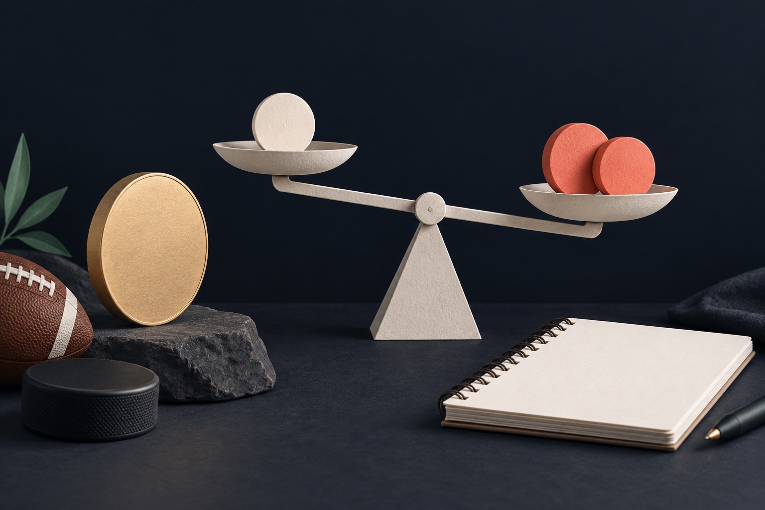 Paper sculpture balance scale comparing pale and coral tokens beside a blank coin, notebook, hockey puck and football.