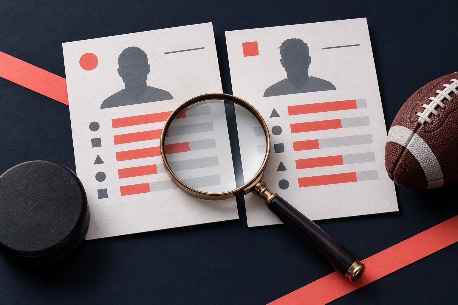 Magnifying glass over two abstract scouting cards beside a hockey puck and football in deep ink, coral and pale tones.