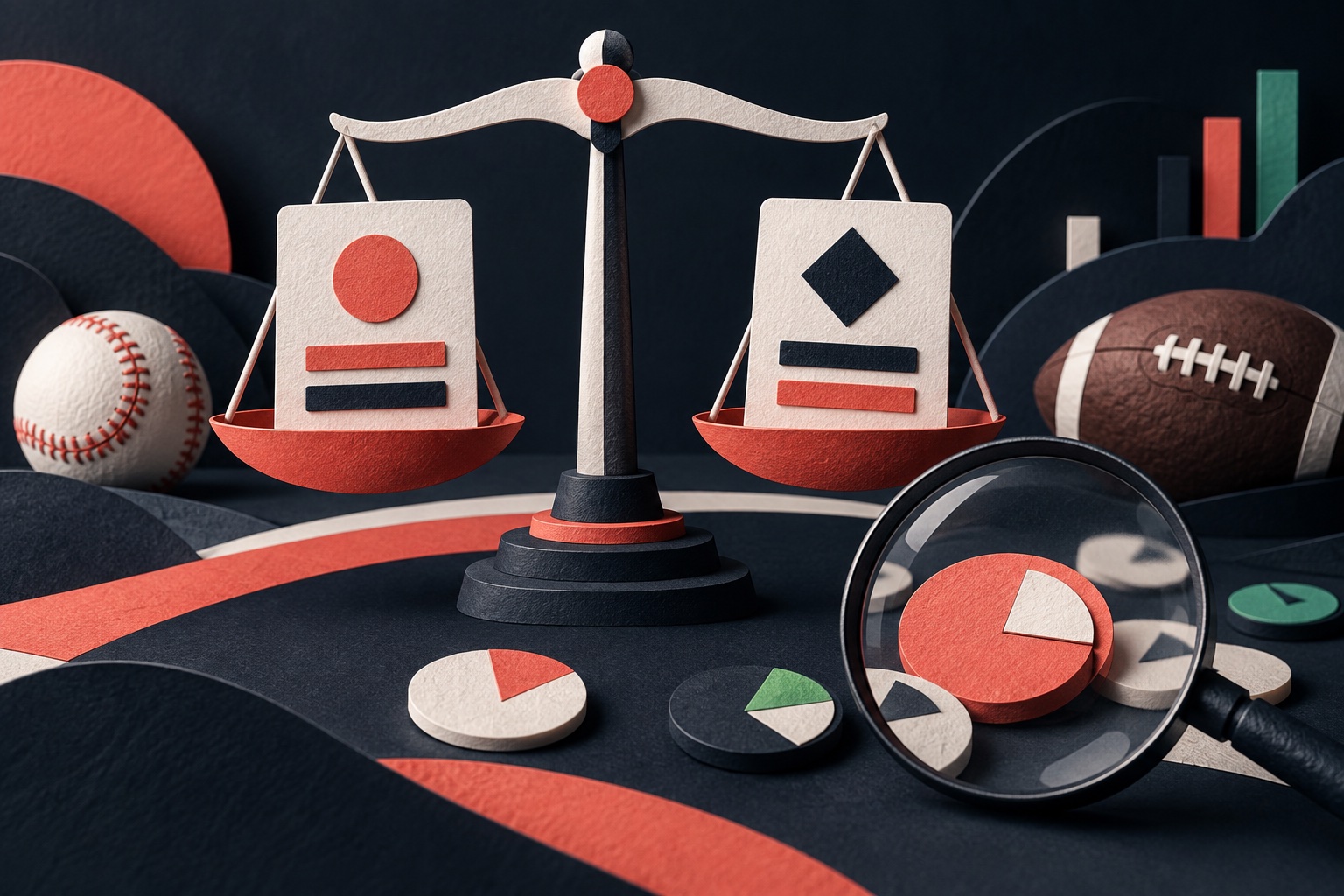 Paper sculpture of a balance scale comparing abstract betting cards, with a magnifying lens and sports balls.