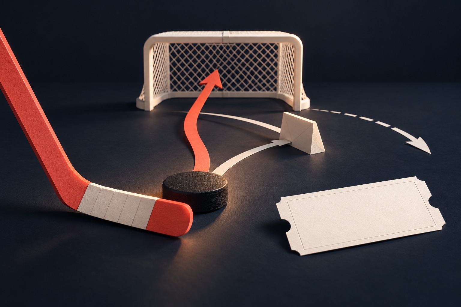Black puck and coral hockey stick beside a pale miniature goal, curved shot paths, a defensive block and blank ticket on a deep ink surface.
