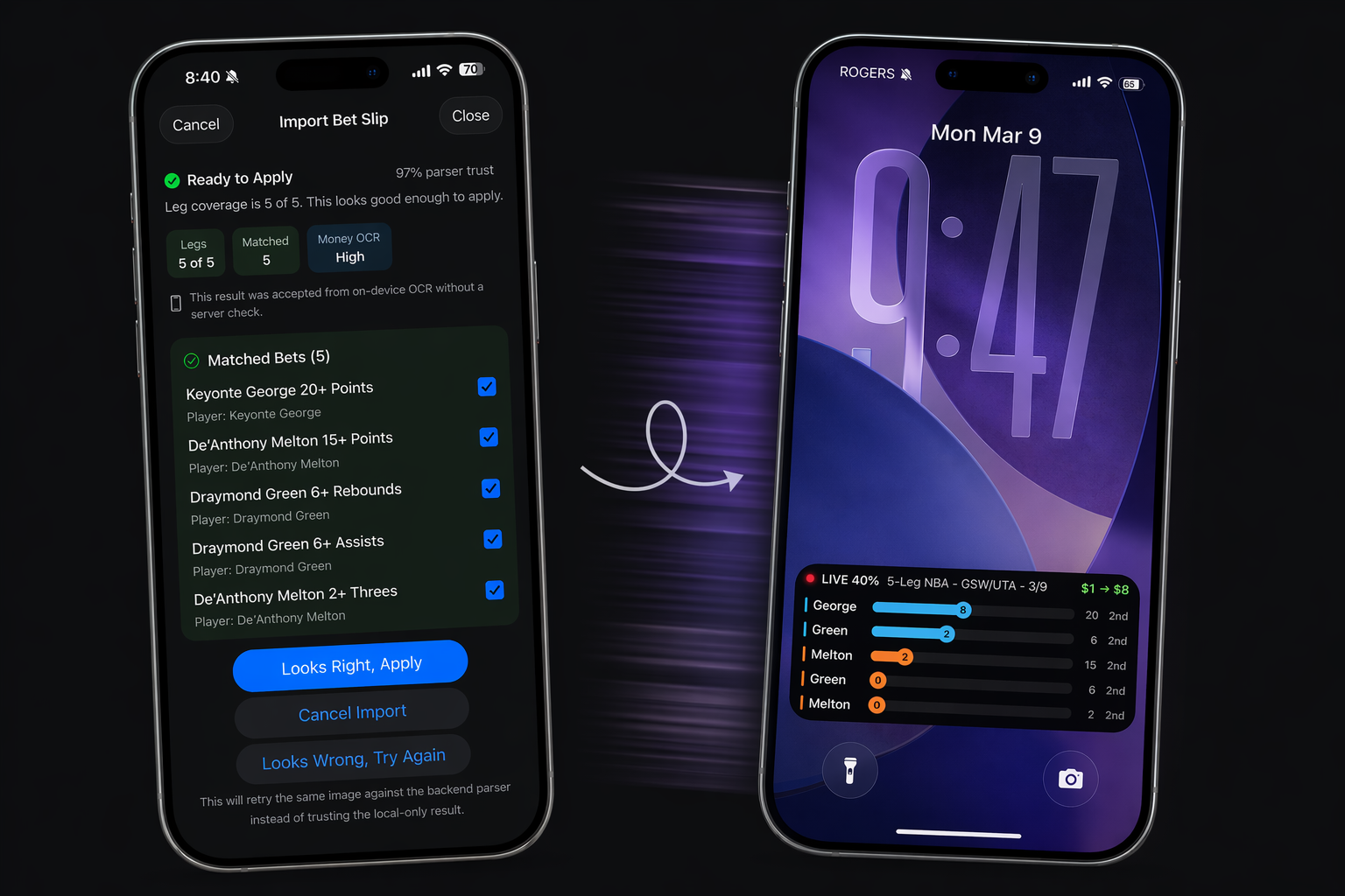 Bet slip import review leading into lock screen live tracking in dark mode