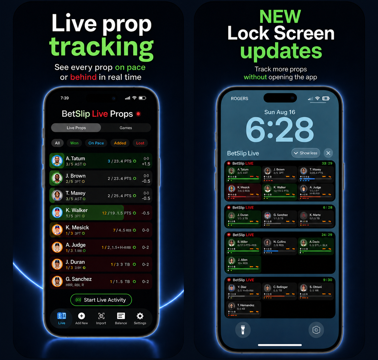 BetSlip Live showing live prop tracking in the app and multi-bet updates on the iPhone Lock Screen