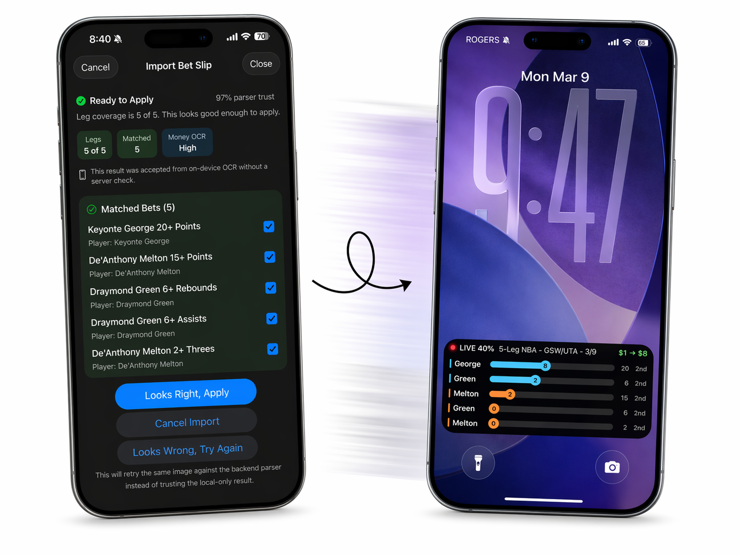 Bet slip import review leading into lock screen live tracking