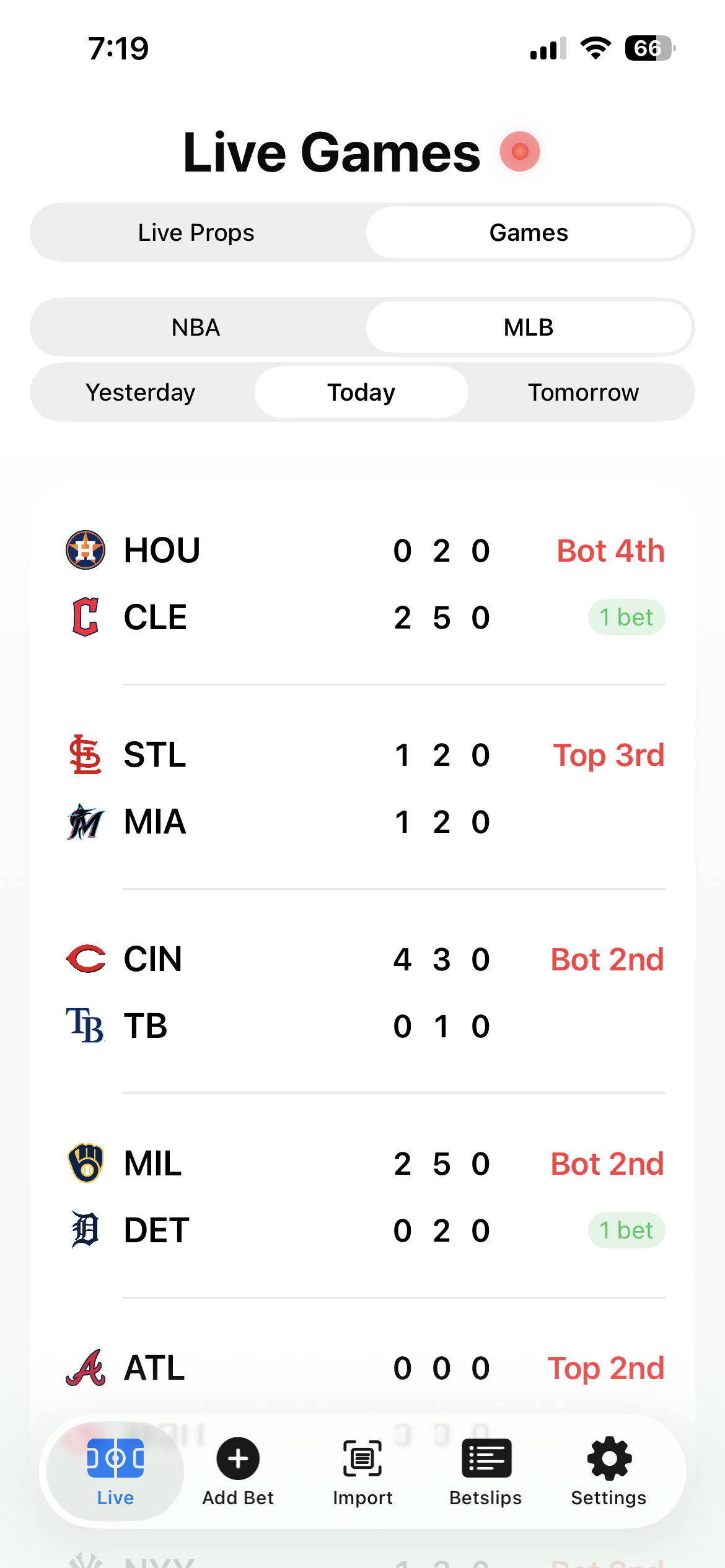 Live Games screen in light mode