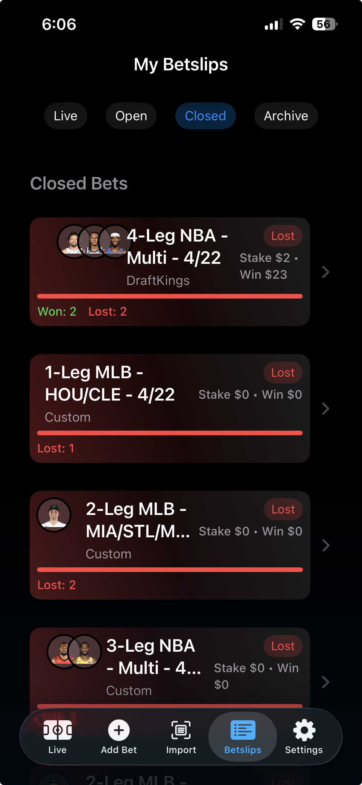 My Betslips screen showing tracked bets organized in one place